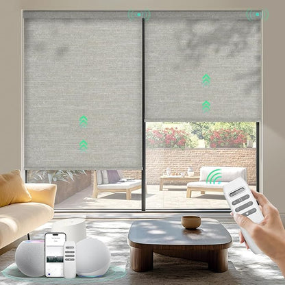 HeyBlinds Motorized Blinds with Remote, Smart Roller Shades with App & Voice Control, Work with Alexa Google HomeKit, Light Filtering Custom Shades for Living Room Office(Sun Kissed-Grayish Coffee LF)