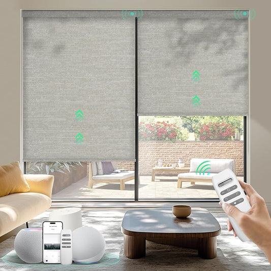 HeyBlinds Motorized Blinds with Remote, Smart Roller Shades with App & Voice Control, Work with Alexa Google HomeKit, Light Filtering Custom Shades for Living Room Office(Sun Kissed-Grayish Coffee LF)