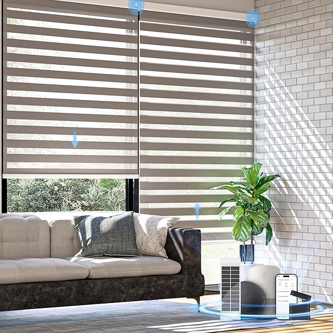 Motorized Zebra Blinds with Remote,Rechargeable Smart Electric Cordless Shade，Grey，48" W X 72" H