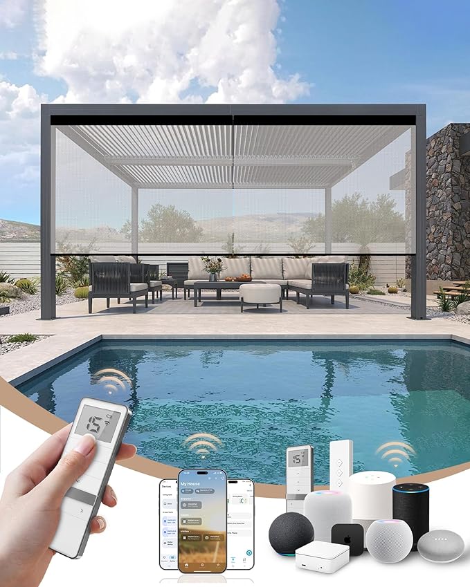 Kincmo Motorized Outdoor Shades for Patio Porch, Custom Outdoor Motorized Blinds with Remote, Waterproof & Windproof Patio Shades Work with Apple Homekit,Alexa,Google (5% Openness White)