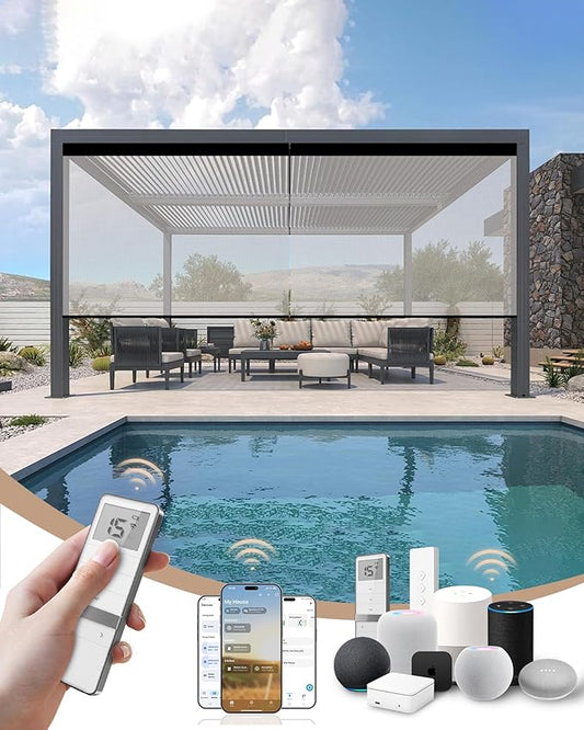 Kincmo Motorized Outdoor Shades for Patio Porch, Custom Outdoor Motorized Blinds with Remote, Waterproof & Windproof Patio Shades Work with Apple Homekit,Alexa,Google (5% Openness White)