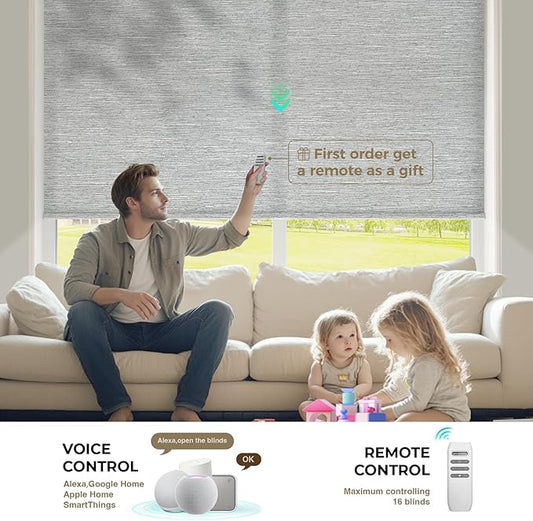 HeyBlinds Motorized Blinds with Remote, Smart Roller Shades with App & Voice Control, Work with Alexa Google HomeKit, Light Filtering Custom Shades for Living Room Office (Summer Haze-Greywind LF)