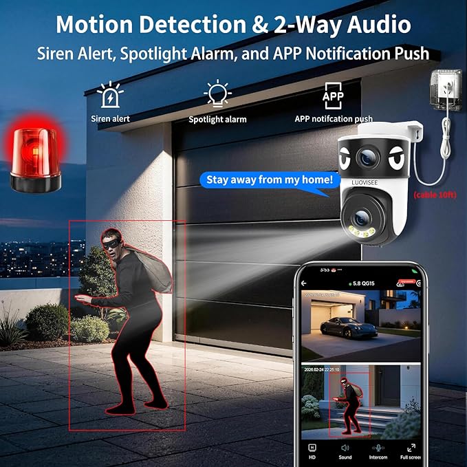 Luovisee Dual Lens Security Camera Outdoor/Indoor,Wired Camera for Home Security for Plug-in 24/7 Continuous Recording,360° View Pan/Tilt,Siren Alarm,Two Way Audio,2.4GHz Wi-Fi