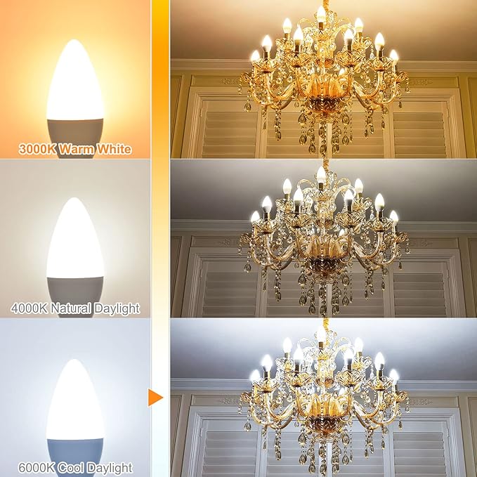 E12 Candelabra LED Light Bulbs 6000K Cool Daylight White, Small Base Type B Light Bulb for Chandelier, 6W 60Watt Equivalent, B11 Ceiling Fan Light Bulbs, 600 Lumen, Non-dimmable, 6 Pack