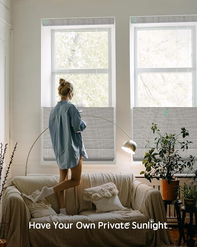 Yoolax Smart Top Down Bottom Up Roman Shades, Motorized Roman Shades with Remote, Blackout Smart Blinds Work with Alexa, Google Home, Apple Homekit for Living Room Bedroom, Customized (Wood Stripe)