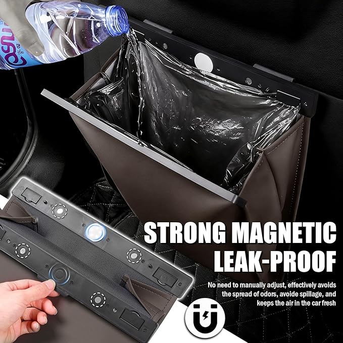 LED Car Trash Can Leak-Proof,Strong Magnetic Fast Closing Car Trash Bin as Cars Organizers and Storage,Cars Garbage Can with Automotive Trashs Bag for Backseat,Console,Door (Brown)
