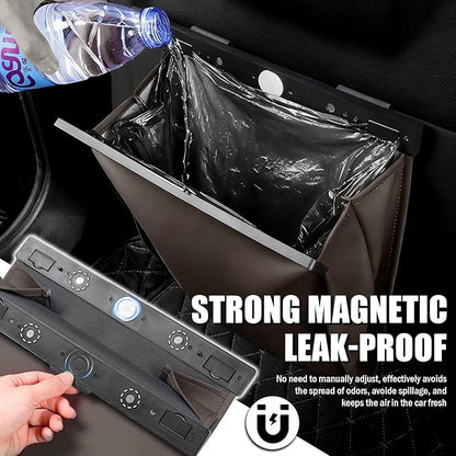 LED Car Trash Can Leak-Proof,Strong Magnetic Fast Closing Car Trash Bin as Cars Organizers and Storage,Cars Garbage Can with Automotive Trashs Bag for Backseat,Console,Door (Brown)