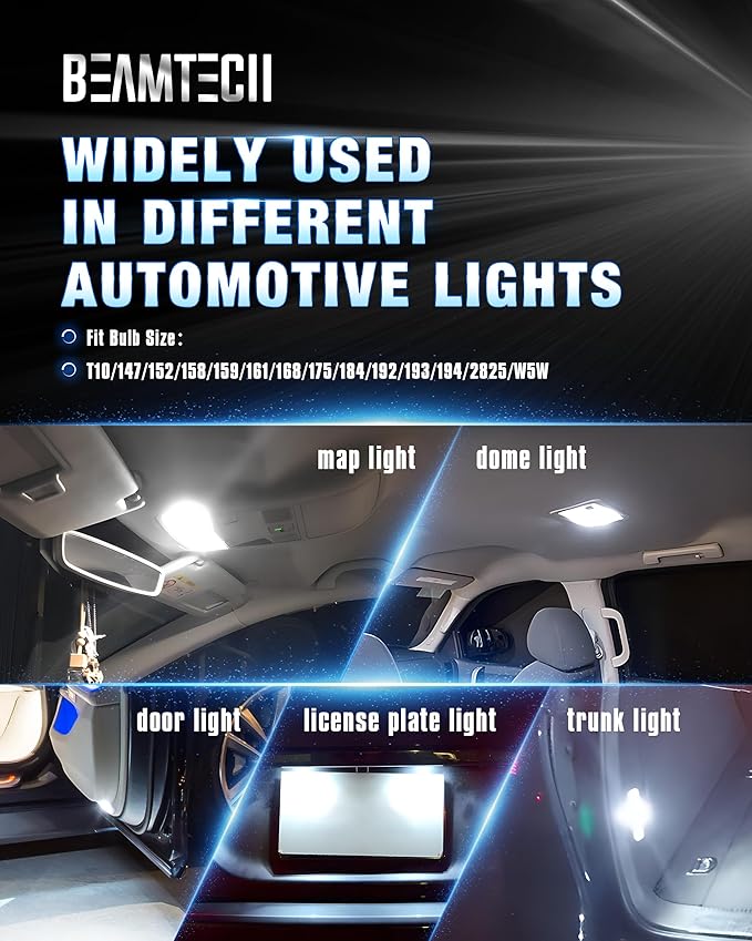 BEAMTECH 194 LED Bulbs 6500K White, 168 T10 2825 W5W Interior LED Lights for License Plate Interior Dome Map Door Courtesy Dash lights Replacements, Pack of 2