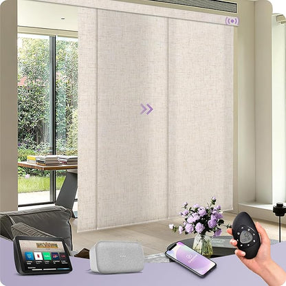 Graywind Motorized Sliding Panels Light Filtering Compatible with Alexa Google Smart Panel Track Blinds Remote Control for Patio Sliding Door (Dimout Linen Beige)