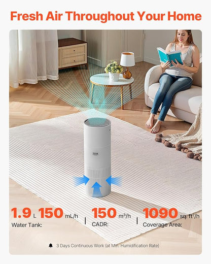 VEVOR 2 in 1 Air Purifier with Humidifier, Covers Up to 1090 ft² in One Hour, True HEPA 11 Filter, 22dB Quiet, Filters Up to 95% of Smoke, Dust, Pet Dander, Air Cleaner for Home, Large Room, Bedroom