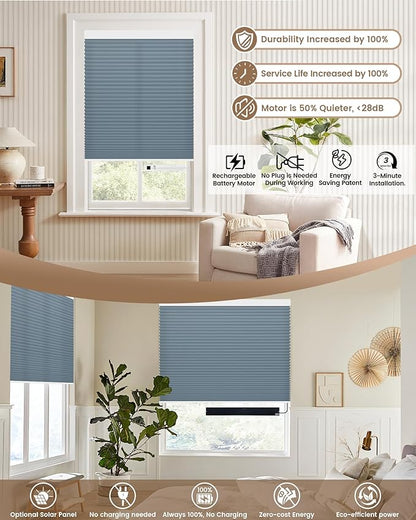 Kincmo Motorized Cellular Shades, Custom Motorized Blinds with Remote, Cordless Smart Electric Honeycomb Blinds Work with Apple HomeKit, Alexa, Google (75%-Blackout-Single-Cell Blue)
