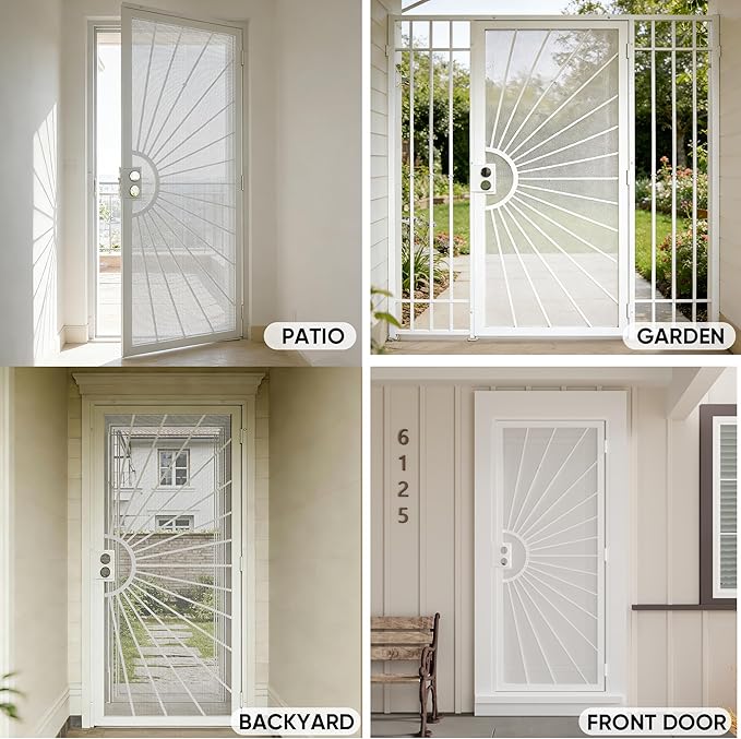 JUBEST 32 in. x 80 in. Security Door, Exterior Front Entry Door, Outswing Steel Security Door with Perforated Metal Screen, Powder Coated White, Lock Not Include