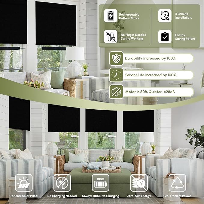 FineTell Motorized Blinds with Remote, 100% Blackout Roller Shades Compatible with Alexa,Apple Homekit,Google Home APP and Voice Control, Customized Electric Blinds (100% Blackout Vinyl Black)