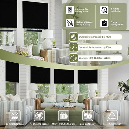 FineTell Motorized Blinds with Remote, 100% Blackout Roller Shades Compatible with Alexa,Apple Homekit,Google Home APP and Voice Control, Customized Electric Blinds (100% Blackout Vinyl Black)