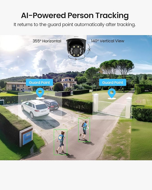 ZOSI C298 SE 6MP Dual-Lens(4MP+2MP) Wired WiFi PT Plug-in Security Camera Outdoor, 360 View Pan/Tilt Camera, Human/Vehicle Detect, Color Night Vision, Spotlight Siren,Two-Way Talk, memory card Storage