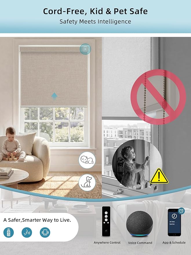 SmartWings Motorized Smart Blinds with Remote, Custom Automatic 100% Blackout Roller Shade Compatible with Alexa/Homekit/Google, Electric Smart Blinds for Indoor Windows, Bouvardia Light Brown