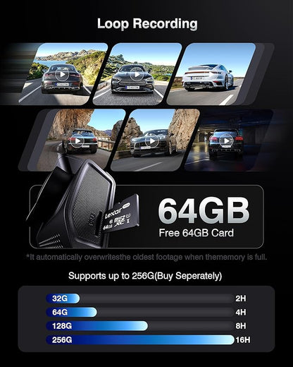 Dash Cam Front and Rear, 4K+2K Recording Dash Camera for Cars, Night Vision with WDR, 170° Wide Angle, 5.8G/2.4G Dual Wi-Fi, 64GB Card, Built-in GPS, G-Sensor Emergency Lock, 24H Parking Monitor