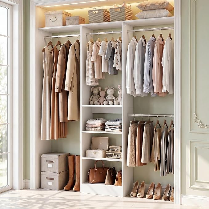 Besiost 4FT Small Closet Organizer System with 4 Hanging Rods & 3 Shelves | 48" Closet System for Small Closets, 80" H Small Closet Organizers and Storage for Bedrooms, Cloakrooms, White