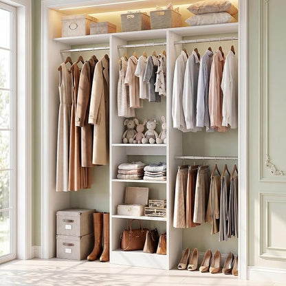 Besiost 4FT Small Closet Organizer System with 4 Hanging Rods & 3 Shelves | 48" Closet System for Small Closets, 80" H Small Closet Organizers and Storage for Bedrooms, Cloakrooms, White