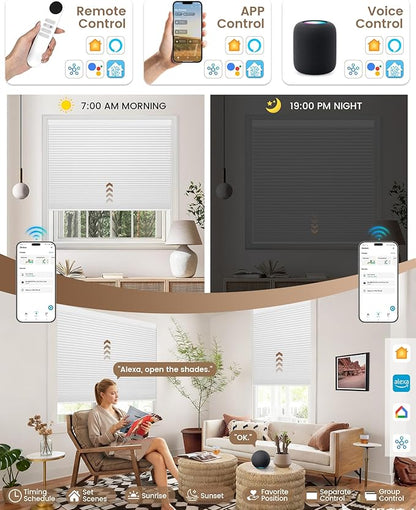 Kincmo Motorized Cellular Shades, Custom Motorized Blinds with Remote, Cordless Smart Electric Honeycomb Blinds Work with Apple HomeKit, Alexa, Google (100%-Blackout-Double-Cell White)