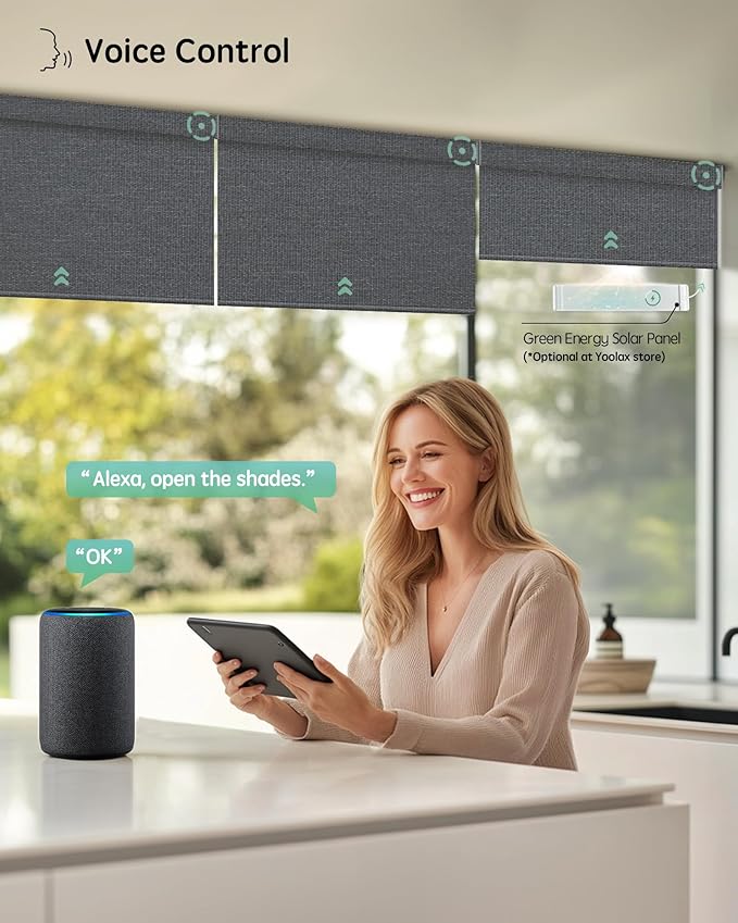 Yoolax Motorized Blinds with Remote, Designer Smart Blinds Work with Alexa, Google, Apple Homekit, 100% Blackout Motorized Shades Custom Electric Shades Voice Control (V-Jungle Grid Black)
