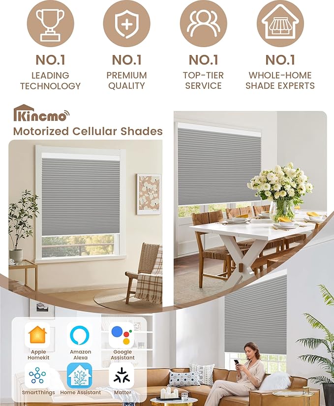 Kincmo Motorized Cellular Shades, Custom Motorized Blinds with Remote, Cordless Smart Electric Honeycomb Blinds Work with Apple HomeKit, Alexa, Google (100%-Blackout-Double-Cell Grey)