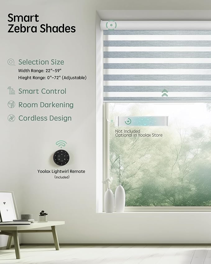 Yoolax Motorized Blinds with Remote, Electric Zebra Blinds for Indoor Windows, Room Darkening Smart Shades with Voice Control, Compatible with Alexa Google Home, APP Control, 31" W x 72" H, Grey