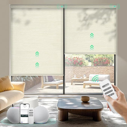 HeyBlinds Motorized Blinds with Remote, Smart Roller Shades with App & Voice Control, Work with Alexa Google HomeKit, Light Filtering Custom Window Shades for Living Room Office (Summer Haze-Cream LF)