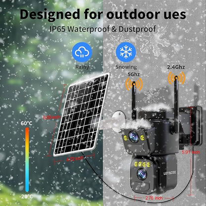 LETSCEE Security Cameras Outdoor WiFi,5G/2.4G Cameras for Home Security Solar Power with Dual Lens,Motion Detection,Night Vision,2-Way Audio,Weather Proof,No Subscription Fee