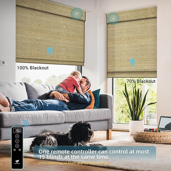 SmartWings Motorized Wood Blinds Smart Wooven Shades Blackout/Light fitlering for Windows, with Remote for Bedroom Living Room, Work with Matter Zigbee Alexa Z-Wave Google Home, Customized, Kenaf 040