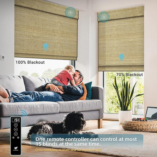 SmartWings Motorized Wood Blinds Smart Wooven Shades Blackout/Light fitlering for Windows, with Remote for Bedroom Living Room, Work with Matter Zigbee Alexa Z-Wave Google Home, Customized, Kenaf 040