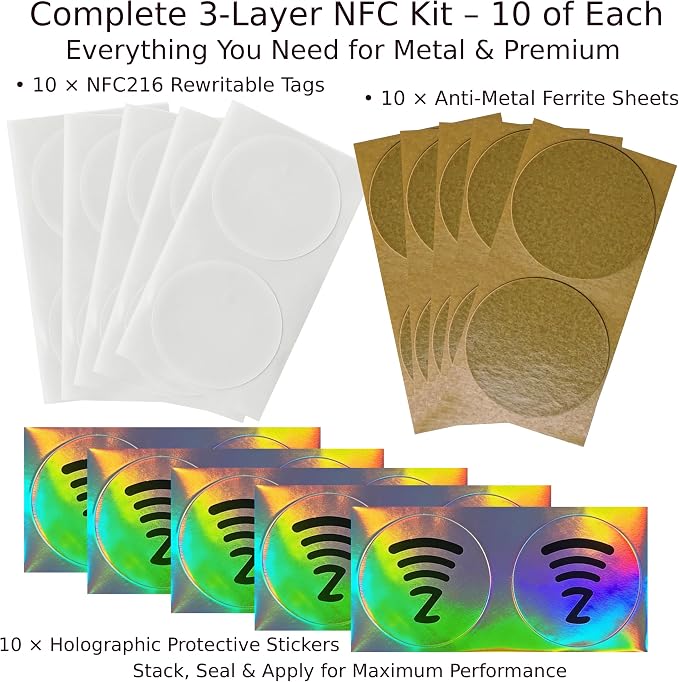 DAMILA NFC216 Anti-Metal NFC Tags with Holographic Labels, 10 Pack