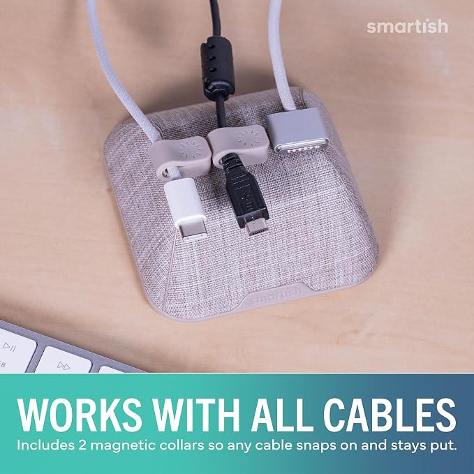Smartish Magnetic Cord Holder, Cable Wrangler, Nightstand & Desk Organizer | Holds 5 Cords, 2 Cable Clips, Weighted Base, Charger Keeper, Phone Charging Cable Management, Home Office Accessories, Beige