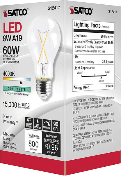 Satco Dimmable LED Filament A19 Light Bulbs, 8 Watt, 800 Lumens, 4000K Cool White, 90+ CRI, Clear Finish, E26 Medium Base, 120 Volt, Dimmable, Wet Location, Residential & Commercial, 6 Pack