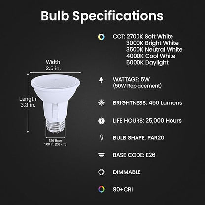 Feit Electric PAR20 LED Reflector Light, 50W Equivalent, Dimmable, Adjustable Beam, Adjustable White (2700K-5000K), 90+ CRI, Indoor/Outdoor, Track Lighting, 25,000-Hour Lifetime, PAR20DM/9XXCA/XX