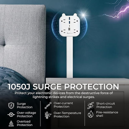 Electrical Outlet Extender Stick, 360° Rotating Wall Outlet Expander with 4 AC Outlets, USB-C PD 20W Fast Charging, 2 USB-A & 2 USB-C Ports, 18"-27" Adjustable Power Strip for Hard-to-Reach Outlets