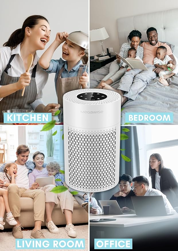 MEGAWISE Smart Air Purifier for Large Rooms up to 1080 sq. ft. | 2022 Updated Version | H13 True HEPA Filter, Smart Air Quality Sensor, Quiet Sleep Mode, Ideal for Pets, Odors, Smoke, Dust (White)