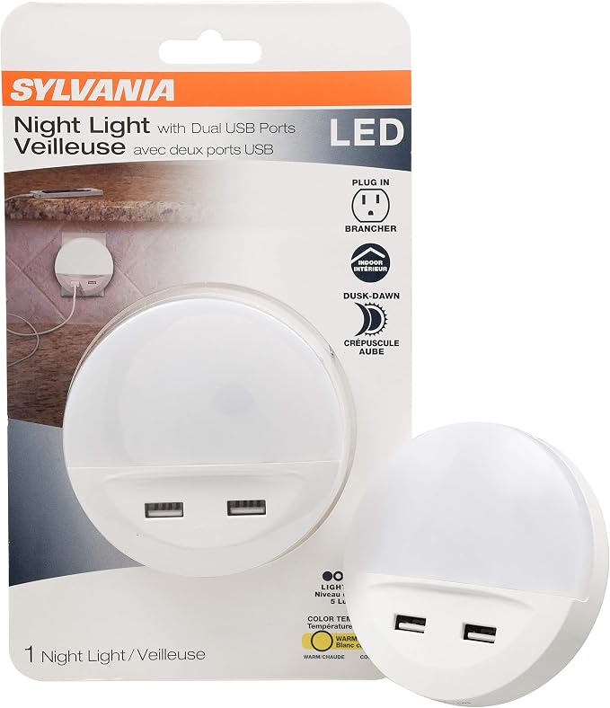 LEDVANCE Sylvania LED Night Light with Dual USB Ports, 22 Year, Dusk to Dawn, Frosted Finish, 3000K, Warm White - (Pack of 1)(65005)