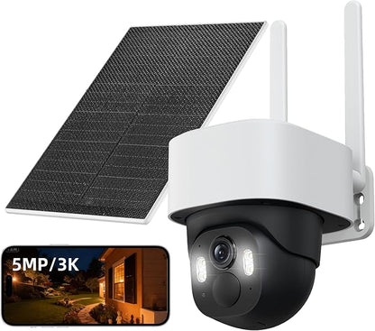 Aurumbach 5MP Solar Security Camera Wireless Outdoor, 3K UHD WiFi PTZ Camera with Color Night Vision, Motion Tracking, AI Human/Vehicle Detection, 2-Way Audio, Support 256GB SD, IP65 Waterproof