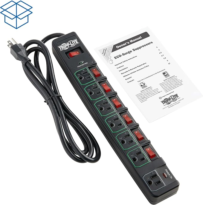 Tripp Lite 7 Outlet (6 Individually Controlled) Surge Protector Power Strip, 6ft Cord, Black, Lifetime Limited Warranty & 25K Insurance (TLP76MSGB)
