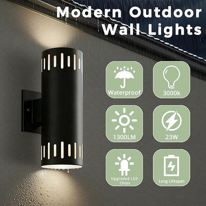 Modern Outdoor Wall Lights, 12'' Up and Down LED Cylinder Wall Mount Fixture, 23W 3000K Warm White IP65Waterproof Exterior Wall Sconces for Porch, House, Garage, Patio, Black