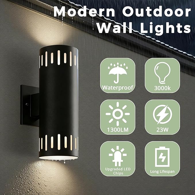 Modern Outdoor Wall Lights 2 Packs, 12'' Up and Down LED Cylinder Wall Mount Fixture, 23W 3000K Warm White IP65 Waterproof Exterior Wall Sconces for Porch, House, Garage, Patio, Black
