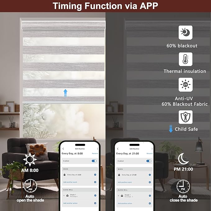 Bringnox Smart Motorized Zebra Roller Blinds - 85% Blackout, Remote Control, Works with HomeKit, Google Home & Alexa via Hub, Custom Size(85% Blackout Wave Grey-36)
