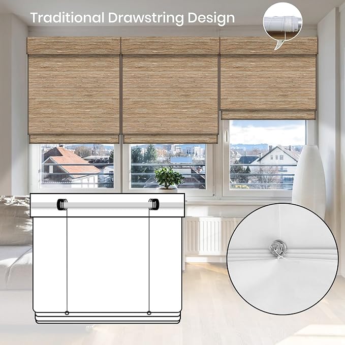 Motorized Roman Woven Woods Shades Work with HomeKit/Alexa/Google Home, Cordless Motorized Roman Shades,Electric Roman Blinds Custom Size,Crocheting Brown