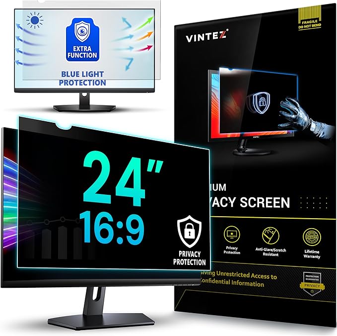 VINTEZ 24 Inch 16:9 Privacy Screen for Computer Monitor and Laptop - Anti Glare Protector Film Blue Light Filter Eye Protection - Computer Screen Privacy Shield, [1 Pack]