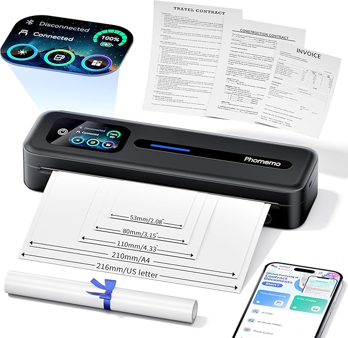 Phomemo M832D Touchscreen Portable Printer Inkless Thermal Wireless Travel | 8.5 x 11 & A4 Size, 300DPI, Bluetooth Small Mobile Compact Printer for Phone/Laptop/Tablet, for Home/Car/School/Office, Black