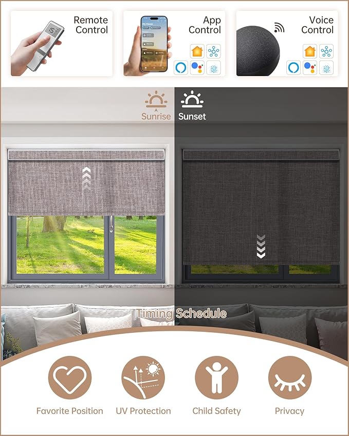 Kincmo Motorized Blinds with Remote, Light Filtering Roller Shades Work with Apple Homekit,Alexa,Google Home, Custom Electric Blinds with App,Voice Control (75% Blackout Meridian Oat)