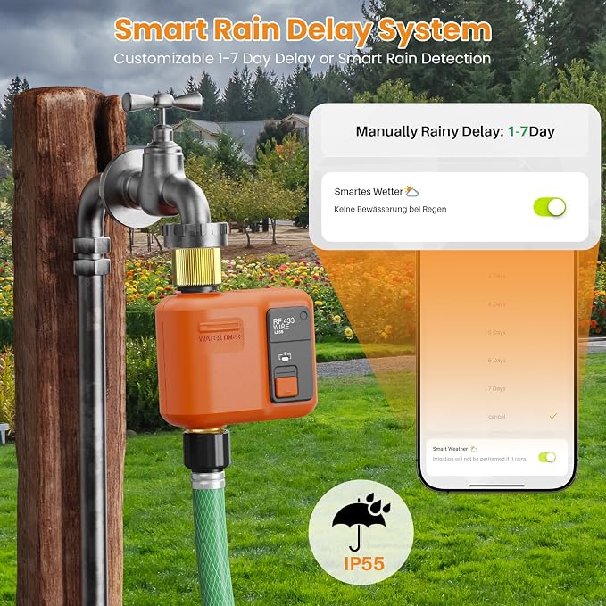 WiFi Water Timer for Garden Hose, Smart Sprinkler Timer with 984ft Long Range, Strong Wall Penetration, APP & Remote Control, Voice Control, Rain Delay, Manual Mode, Watering System