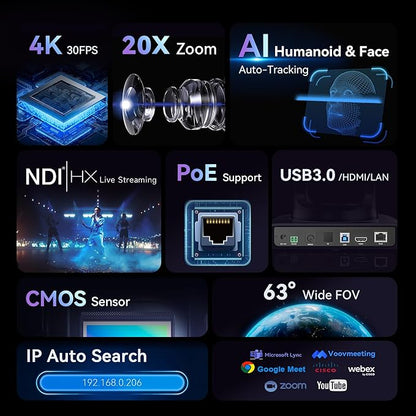 Tenveo 4K NDI PTZ Camera AI Humanoid & Face Auto-Tracking, HDMI/LAN/USB3.0 PoE PTZ Camera 20X Optical Zoom IP Live Streaming, for Church Services Worship Video Conference Live Streaming YouTube OBS
