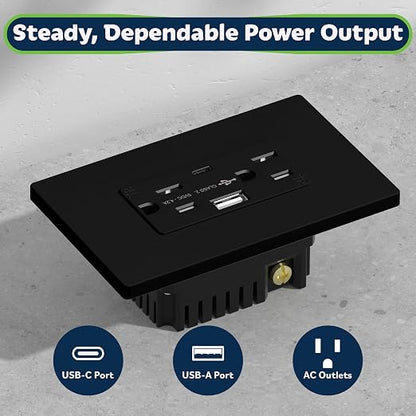 TOPGREENER 2-Port USB Outlet, Type C USB Wall Charger Outlet, Black,2 Pack | 4.2A USB Receptacle with Type A&C Ports, 15 Amp Tamper Resistant Receptacle Plug, Wall Plate Included,UL Listed,TU21536AC-BK
